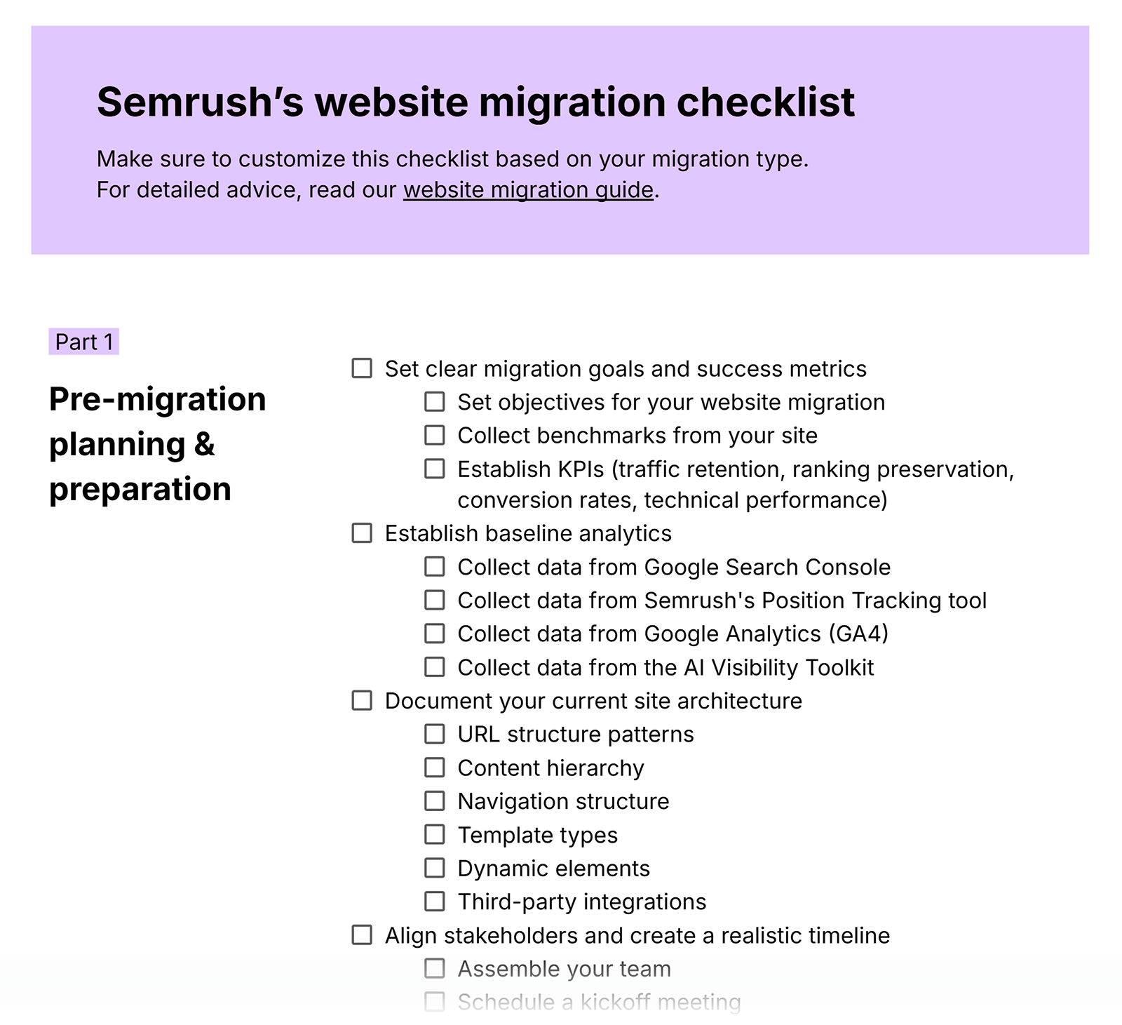 Semrush website migration checklist template preview