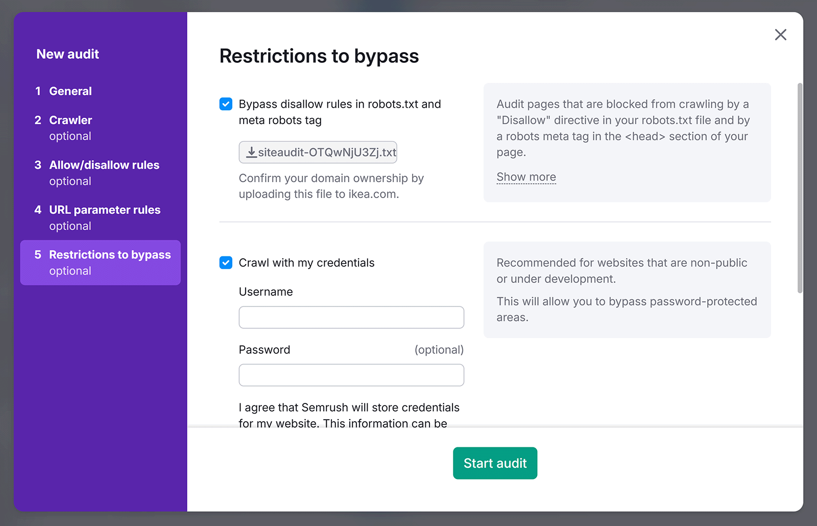Site Audit settings with “Restrictions to bypass” and crawl with credentials options enabled.